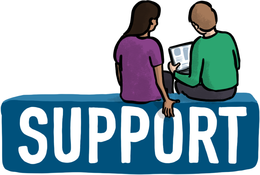 Two people sitting on the word support.