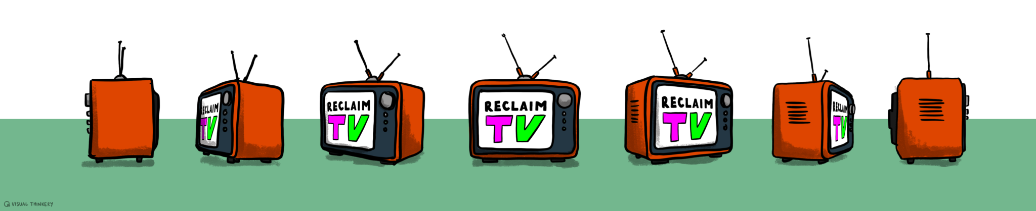 A series of TVs with Reclaim TV on the screens.