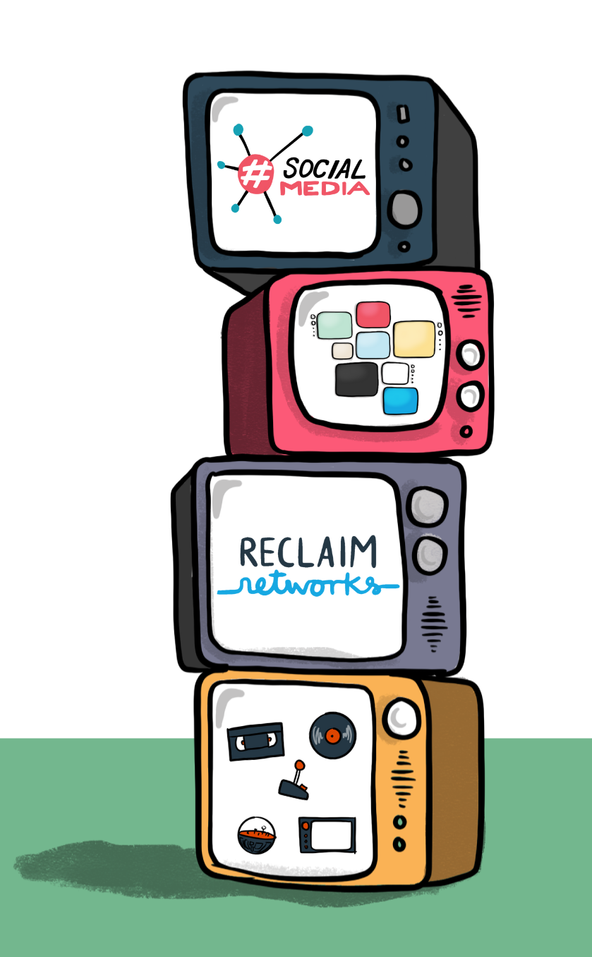 A stack of TVs with various Reclaim statements on them.